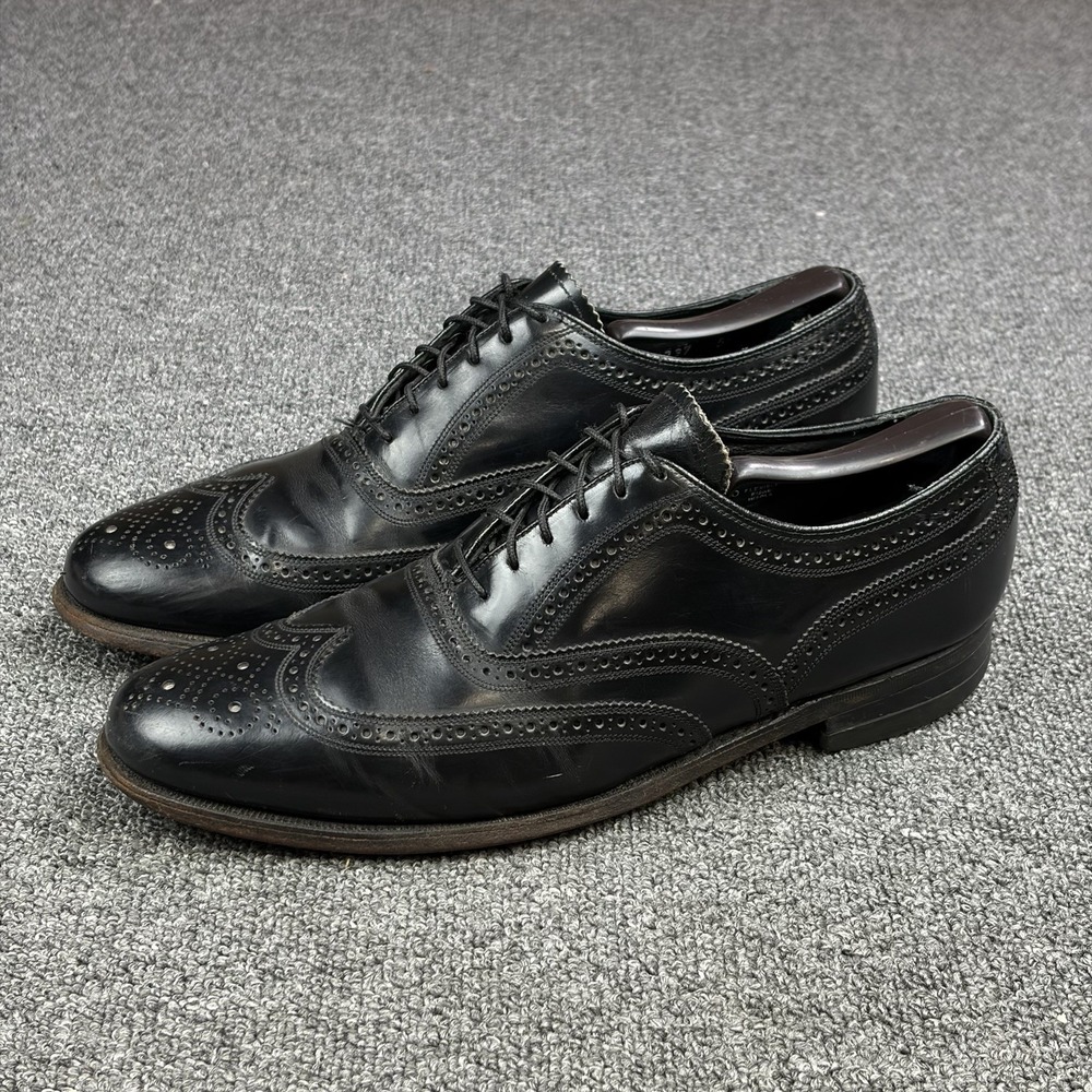 Vintage Florsheim Black Leather Full Brogue Wingtip Oxford Shoe Mens 9.5 C 20330 - Picture 1 of 11